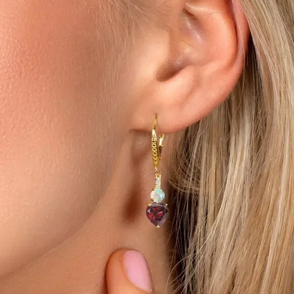 18K Yellow Gold with 3.13 Cttw Garnet and White Opal Heart Leverback Earrings